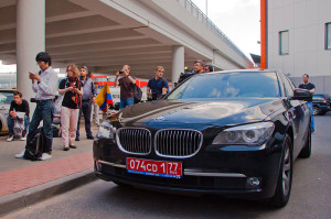 Photo, above, of car from the Ecuadorian Embassy at the curb of Moscow's International Airport about the time of Snowden's (supposed) arrival from Hong Kong. (photo by Dmitry Rozhkov)